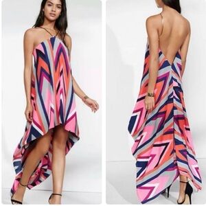 Asymmetrical halter low back Dress colour block high low hem